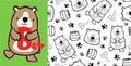 Seamless pattern vector with funny bear cartoon, honey jar, bees and animals trail Royalty Free Stock Photo