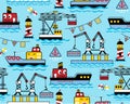 Seamless pattern vector of funny ships cartoon in the busy port. Port elements cartoon