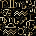 Seamless pattern with vector golden zodiac signs on black. Royalty Free Stock Photo
