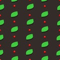 Seamless pattern of a vector of green Basil leaves and red pepper polka dots on a black background Royalty Free Stock Photo