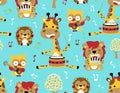 Seamless pattern vector with group of animals cartoon playing music instruments