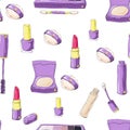 Seamless pattern with vector hand drawn doodle makeup products