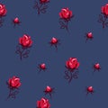 Seamless pattern with vector hand drawn rose. Red, cute rosy on a black blue background.