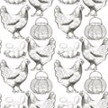 Seamless pattern vector illustration chicken, eggs in the basket vector illustration