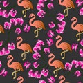 Seamless pattern, vector illustration, lilac branches of orchids and pink flamingos on a black background, design for textiles