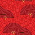 Seamless pattern vector illustration of Red Chinese folding fans on Chinese wave circle background. Design for Chinese New Year Royalty Free Stock Photo
