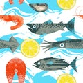 Seamless pattern. Vector illustration on the theme of seafood. Various fish, squid, shrimp and lemon slice. On white background Royalty Free Stock Photo