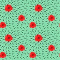 Seamless pattern: vector image of poppies flowers and abstract lines on a turquoise background.