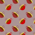 Seamless pattern with vector image of red cups of hot tea or coffee on a pink background. Royalty Free Stock Photo