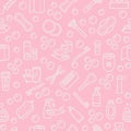 Seamless pattern with vector line flat icon. Personal hygiene products. Pink background color and white symbols. Womens