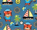 Seamless pattern vector of sailing elements cartoon. Funny tiger in sailor costume Royalty Free Stock Photo