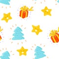 Seamless pattern of vector shapes. Simple forms. A lot of happy stars, red gift box, a Christmas tree shiny.