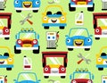 Seamless pattern vector of smiling vehicles cartoon, gas station, oil and repair keys Royalty Free Stock Photo