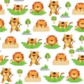 Seamless pattern vector of tiger and lion cartoon playing hide and seek Royalty Free Stock Photo