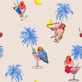 Seamless pattern vector Trendy colorful tropical vacation mood in hand drawn palm trees ,parrots birds,cocktail and summer fruits Royalty Free Stock Photo