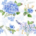 Seamless pattern. Vector watercolor blue hydrangea, lavender.