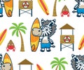 Seamless pattern vector of zebra cartoon holding surfboard, lifeguard post, palm tree and hermit crab. Beach holiday elements