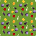 Seamless pattern veganism eggplant peppers, cabbage. Gouache hand drawn illustration on green. Fresh food. Design for textiles,