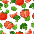 Seamless pattern with vegetable decoration. Wallpaper with a pattern of tomatoes, broccoli and spinach. Vegetable Royalty Free Stock Photo