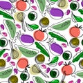 Seamless pattern with vegetables, beans and greens for surface design, posters, illustrations. Healthy foods theme