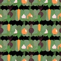 Seamless pattern of vegetables. Beets, carrots, garlic, onions. Stock vector illustration eps10.