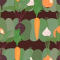 Seamless pattern of vegetables. Beets, carrots, garlic, onions. Stock vector illustration eps10.