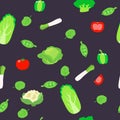 Seamless pattern vegetables cabbage, cauliflower, leek, spinach, tomato, bell pepper, broccoli, green peas.