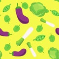 Seamless pattern vegetables cabbage, leek, young peas, purple eggplant and spinach leaves. Vegetables in cartoon background.