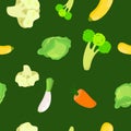 Seamless pattern vegetables carrots, broccoli, cauliflower on a green background. Vegetables in cartoon background. Royalty Free Stock Photo