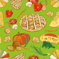 Seamless pattern with vegetables, cheese and pies