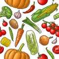 Seamless pattern vegetables. Cucumbers, Garlic, Corn, Pepper, Broccoli, Potato, Carrot Royalty Free Stock Photo