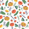 Seamless pattern with vegetables. Cucumbers, tomatoes on branches, dill, herbs, slices. Vegetarian healthy food background. Vegan