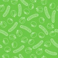 Seamless pattern with vegetables. Green background with cucumbers, tomatoes, pepper. White line.