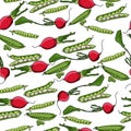 Seamless pattern of vegetables, green peas, beans and radishes on a white background