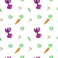 Seamless pattern of vegetables, mushrooms and greens on white background. Elements in a flattened style. World Food Day