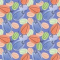 Seamless pattern with vegetables in the style of linart on a blue background.