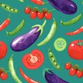 Seamless pattern with vegetables, tomatoes, pea and pepper. Vector hand drawn detailed illustration Royalty Free Stock Photo