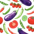 Seamless pattern with vegetables, tomatoes, pea and pepper. Vector hand drawn detailed illustration Royalty Free Stock Photo