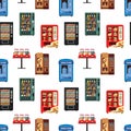 Seamless pattern vending machines full of products, dispensers collection with water candy cigarettes snacks coffee hot