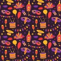 Seamless pattern of venetian carnival symbols in flat style on dark background