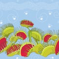 Seamless pattern with Venus Flytrap or Dionaea muscipula and cartoon white flies on the blue background.