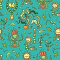 Seamless pattern with Venus flytraps on green background. Monsters plants print. Comic drawing of predatory flowers.