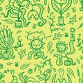 Seamless pattern with Venus flytraps on green background. Monsters plants print. Comic drawing of predatory flowers.