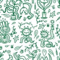 Seamless pattern with Venus flytraps on white background. Monsters plants print. Comic drawing of predatory flowers.