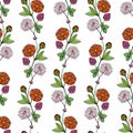 Seamless pattern with a vertical ornament of bouquets and flowers of calendula, daisy, chamomile, clover.