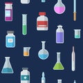 Seamless pattern with vials, test tubes, pipette, thermometer Royalty Free Stock Photo
