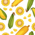 Seamless Pattern With Vibrant Corn Cobs, Husked Ears, Sections and Seeds, Creating A Delightful Design