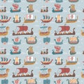 Seamless pattern with many Viking drakkars. Trendy scandinavian flat vector illustration. Sea sailboat ships