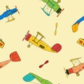 Seamless pattern with vintage aviation and bags in cartoon style on beige background