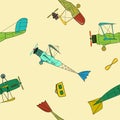 Seamless pattern with vintage aviation and suitcases in cartoon style on beige background